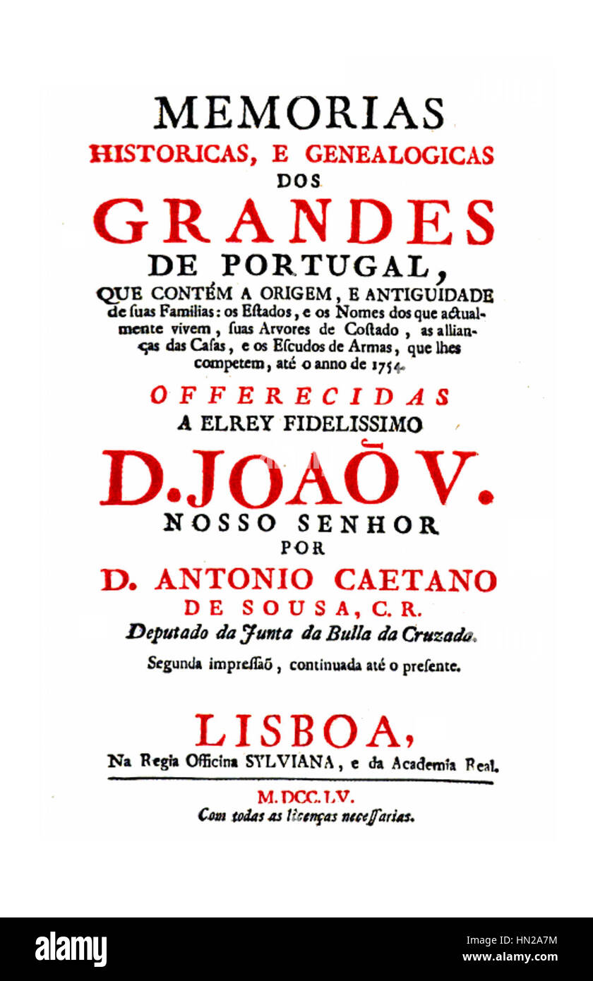 Die Memórias Históricas e Genealógicas dos Grandes de Portugal ist ein historisches und genealogisches Werk, das die Adelsfamilien Portugals dokumentiert und mit ihrer Frontispion eine visuelle Einführung in das Thema bietet. Stockfoto