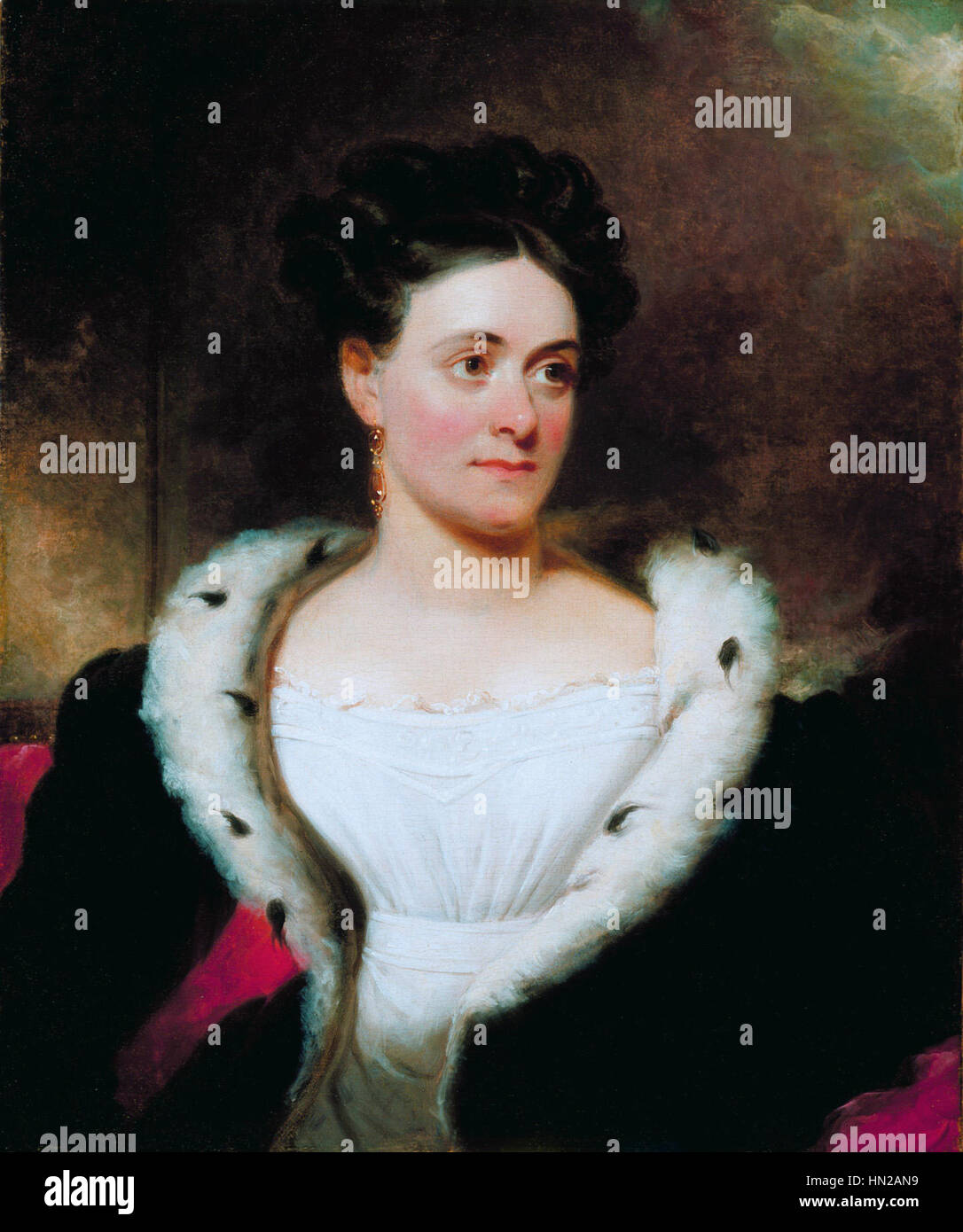 Henry Inmans Porträt von Mrs. James W. Wallack zeigt eine raffinierte Darstellung einer Amerikanerin aus dem 19. Jahrhundert. Das Gemälde konzentriert sich auf ihre Eleganz, Gelassenheit und ihren sozialen Status. Inman verwendet sanfte Töne und zarte Details, um die würde und Anmut des Motivs zu verbessern und den Stil und den Geschmack der damaligen Zeit in amerikanischen Porträts wiederzugeben. Stockfoto