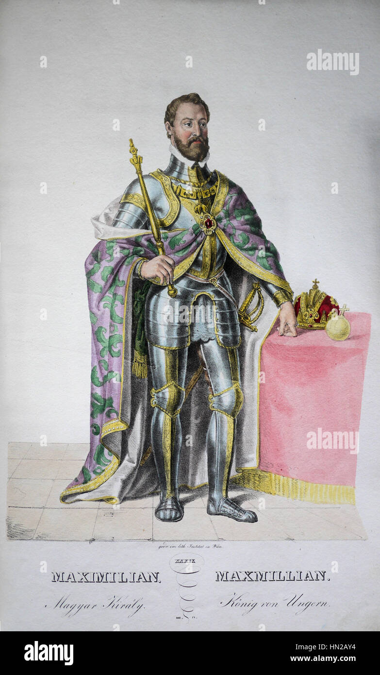 Diese Lithografie Maximilians II. Zeigt den Kaiser des Heiligen Römischen Reiches in einer formalen Pose, die seinen königlichen Status und seine kaiserliche würde unterstreicht. Das Kunstwerk spiegelt die politische Bedeutung seiner Herrschaft und seine Beiträge zum Reich wider. Stockfoto