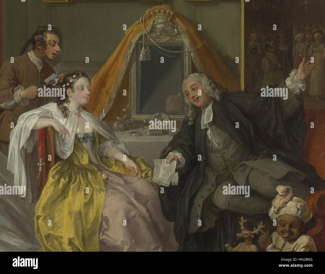 In „Marriage A-la-Mode 4: The Toilette“ satirisiert William Hogarth die britische Gesellschaft des 18. Jahrhunderts, insbesondere die Ehe- und Klassendynamik. Die Szene zeigt ein modisches Paar, das das Thema moralischer Verfall und Gesellschaftskritik durch Humor und Karikatur einfängt. Stockfoto