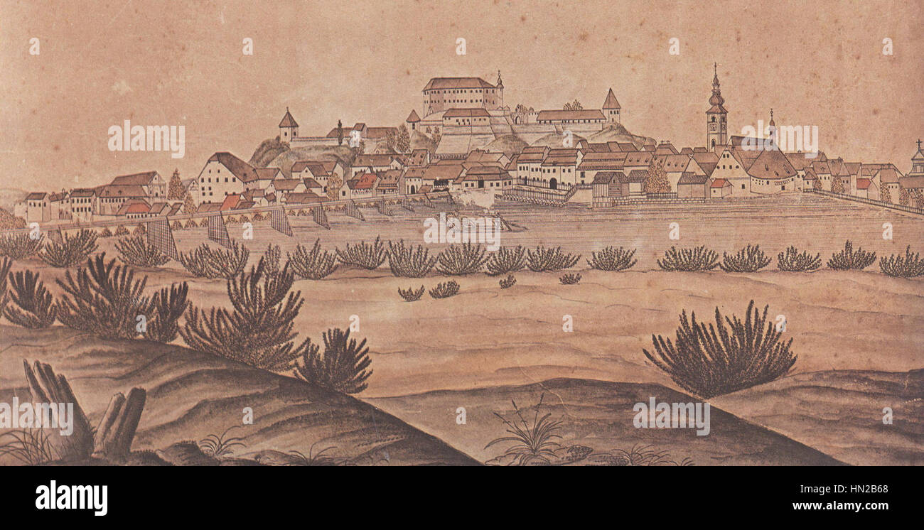 Moritz Steinbachs Gemälde von Ptuj in Slowenien zeigt die malerische Umgebung der Stadt mit einem Schwerpunkt auf Architektur und Landschaft. Das Stück fängt die ruhige Schönheit der Stadt ein und betont ihre historische Bedeutung und ruhige Atmosphäre. Stockfoto