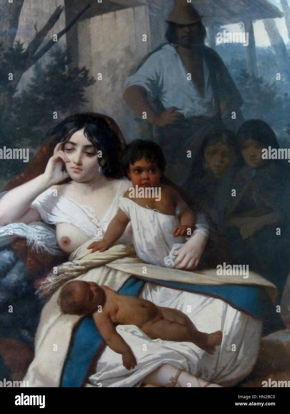 Das Kunstwerk mit dem Titel „Elisa Bravo Jaramillo“ von Raymond Monvoisin zeigt ein realistisches und ausdrucksstarkes Porträt einer Frau, das die Eleganz und emotionale Tiefe durch akribische Pinselarbeiten einfängt. Stockfoto