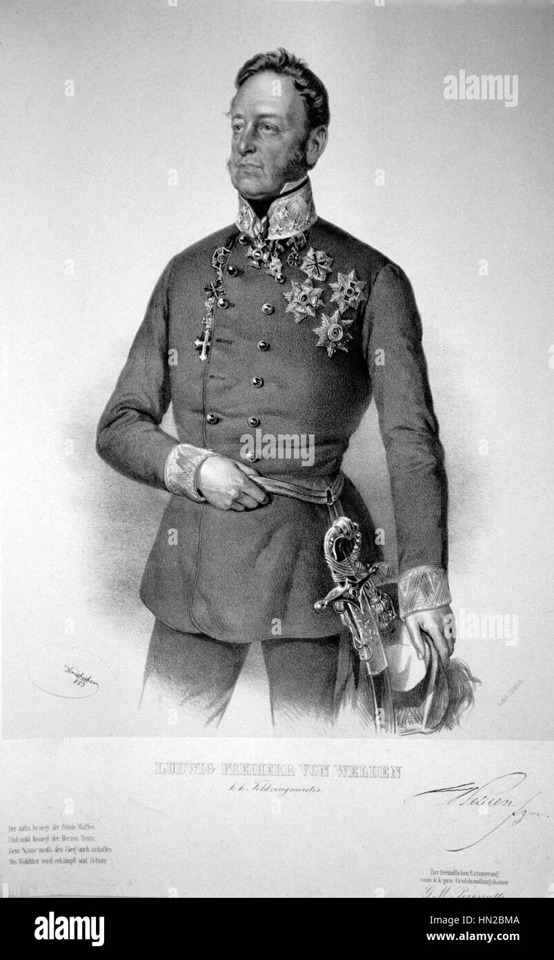 Ludwig von Weldens Lithografie ist ein Beispiel für seine Kunst in der Druckerei. Das Werk zeichnet sich durch feine Details und starke Kontraste aus, die die Präzision und das Know-how des Künstlers bei der Anwendung lithografischer Techniken zur Erfassung visueller Tiefe und Textur demonstrieren. Stockfoto