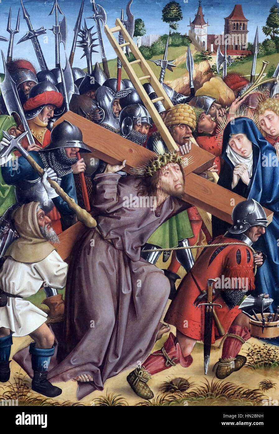 Der „Christus mit dem Kreuz“ des Meisters der Karlsruher Passion zeigt den Augenblick des Leidens Christi auf dem Weg zu seiner Kreuzigung und erfasst eine biblische Schlüsselszene im Stil der Frührenaissance. Stockfoto