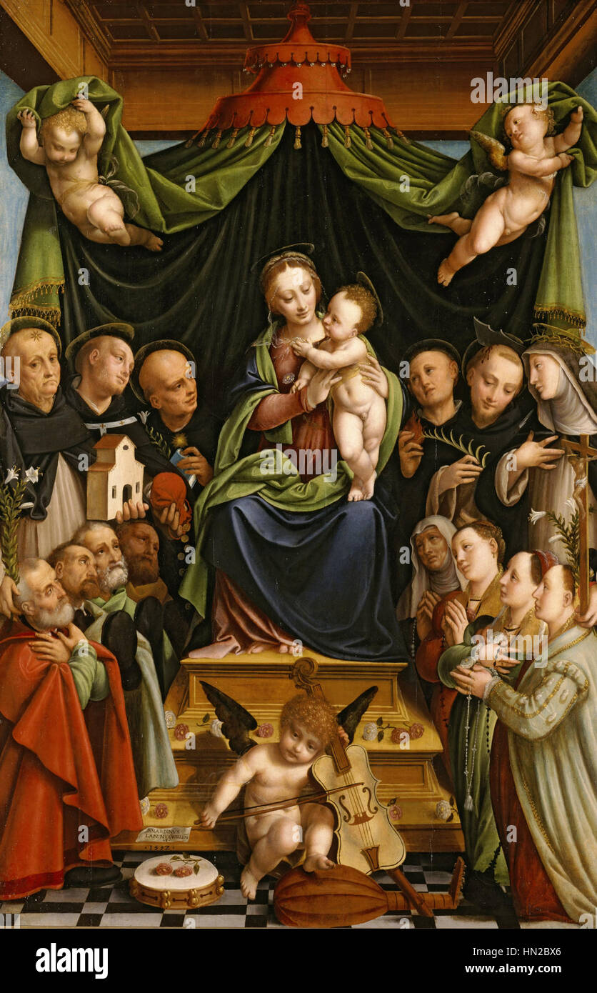 Bernardino Laninos „Madonna und Kind thront mit Heiligen und Spendern“ ist ein religiöser Altar mit der Jungfrau Maria mit dem Jesuskind, umgeben von Heiligen und Spendern. Das Werk spiegelt die hingebungsvolle Kunst der Renaissance mit seiner reichen Farbpalette und detaillierten Ikonographie wider. Stockfoto