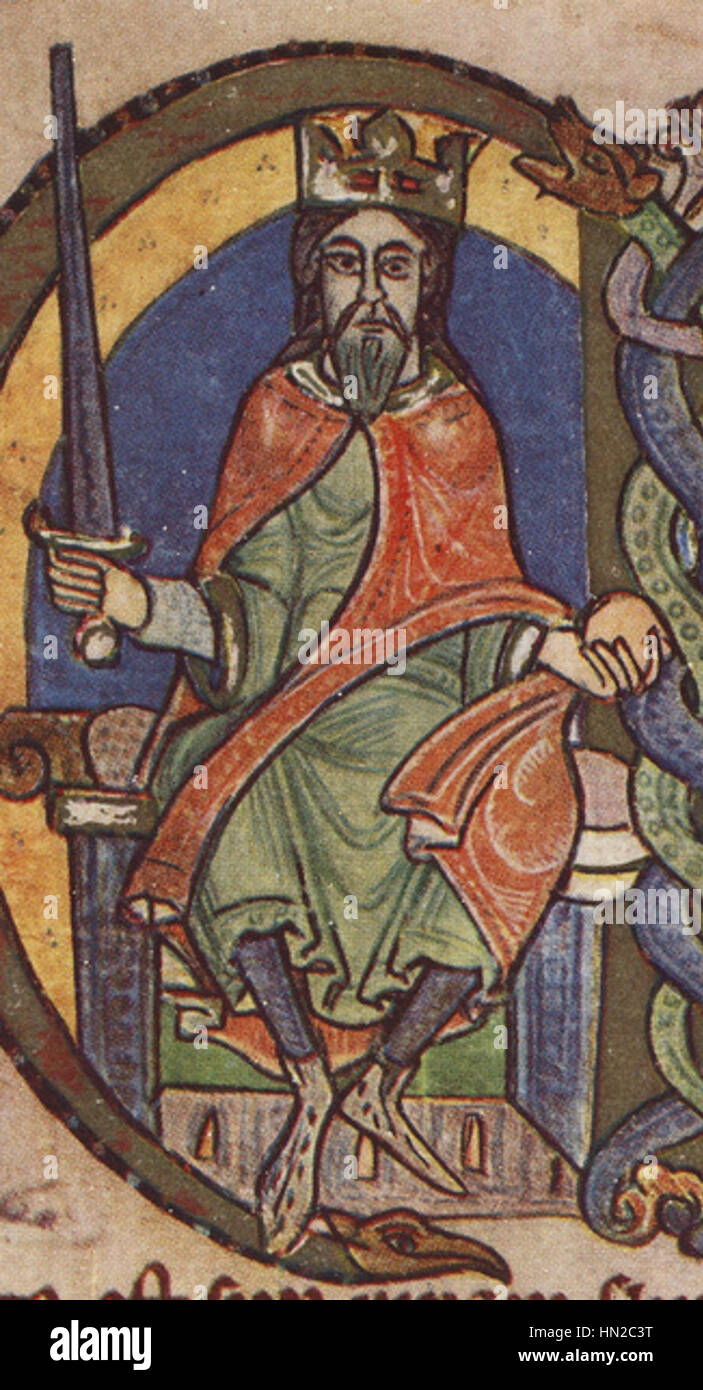 Dieses historische Manuskript enthält eine Urkunde von Malcolm IV., König von Schottland, aus dem Jahr 1159. Es stellt ein wichtiges Dokument dar, das Rechte an Kelso Abbey gewährt, mit dem ersten Bild von König David I. Stockfoto