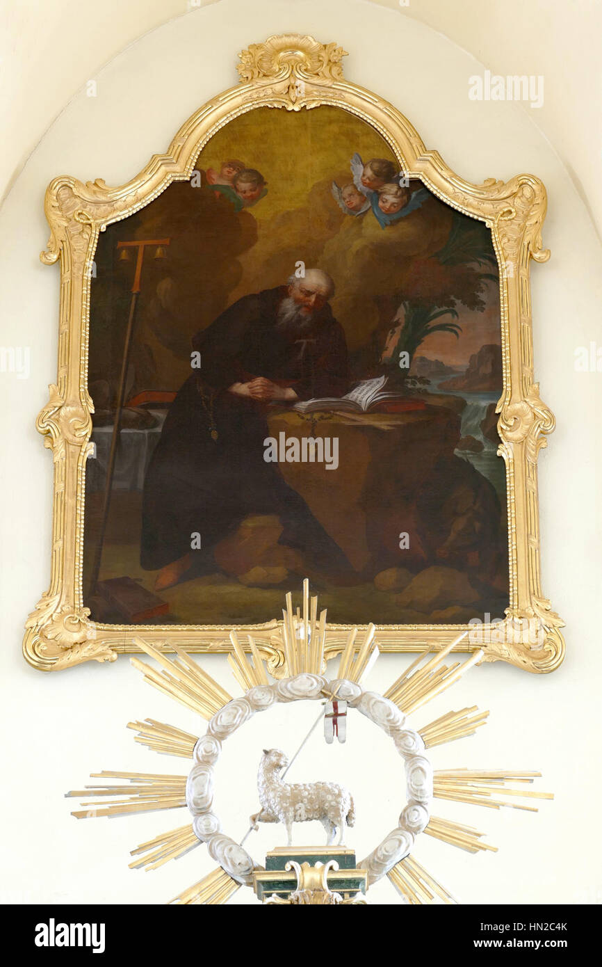 * Maisonsgoutte StAntoine 1215* ist ein architektonisches Werk aus dem frühen 13. Jahrhundert, das die Kirche Saint Antoine in Maisonsgoutte, Frankreich, darstellt. Die Zeichnung fängt die gotischen architektonischen Elemente dieser Zeit ein und spiegelt die religiöse Bedeutung und den historischen Kontext der Kirche im mittelalterlichen Frankreich wider. Stockfoto