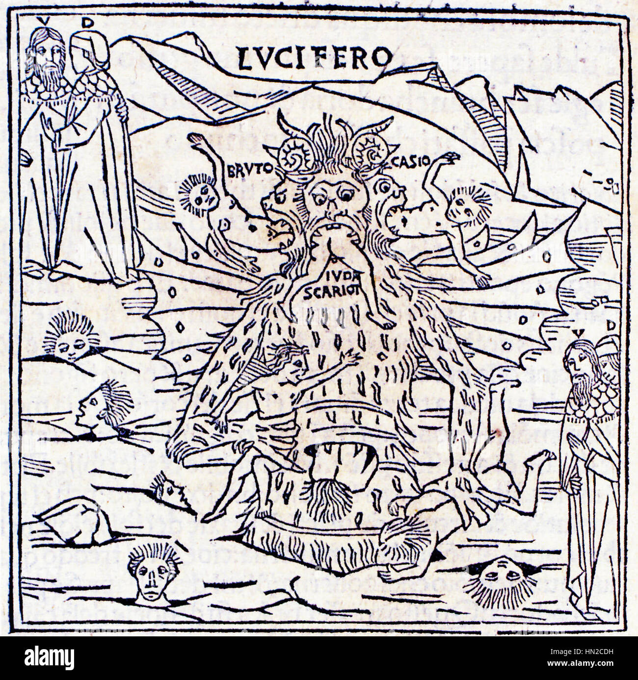 „Lucifer“ aus Petrus de Plasiis’ 1491 Ausgabe der Göttlichen Komödie zeigt den gefallenen Engel in der Hölle, wie er in Dantes Epos beschrieben wird. Diese eindrucksvolle Illustration fängt den intensiven Symbolismus von Luzifers Untergang ein und verwendet dunkle, ausdrucksstarke Linien, um die Qual und Verzweiflung des höllischen Reiches zu wecken. Stockfoto