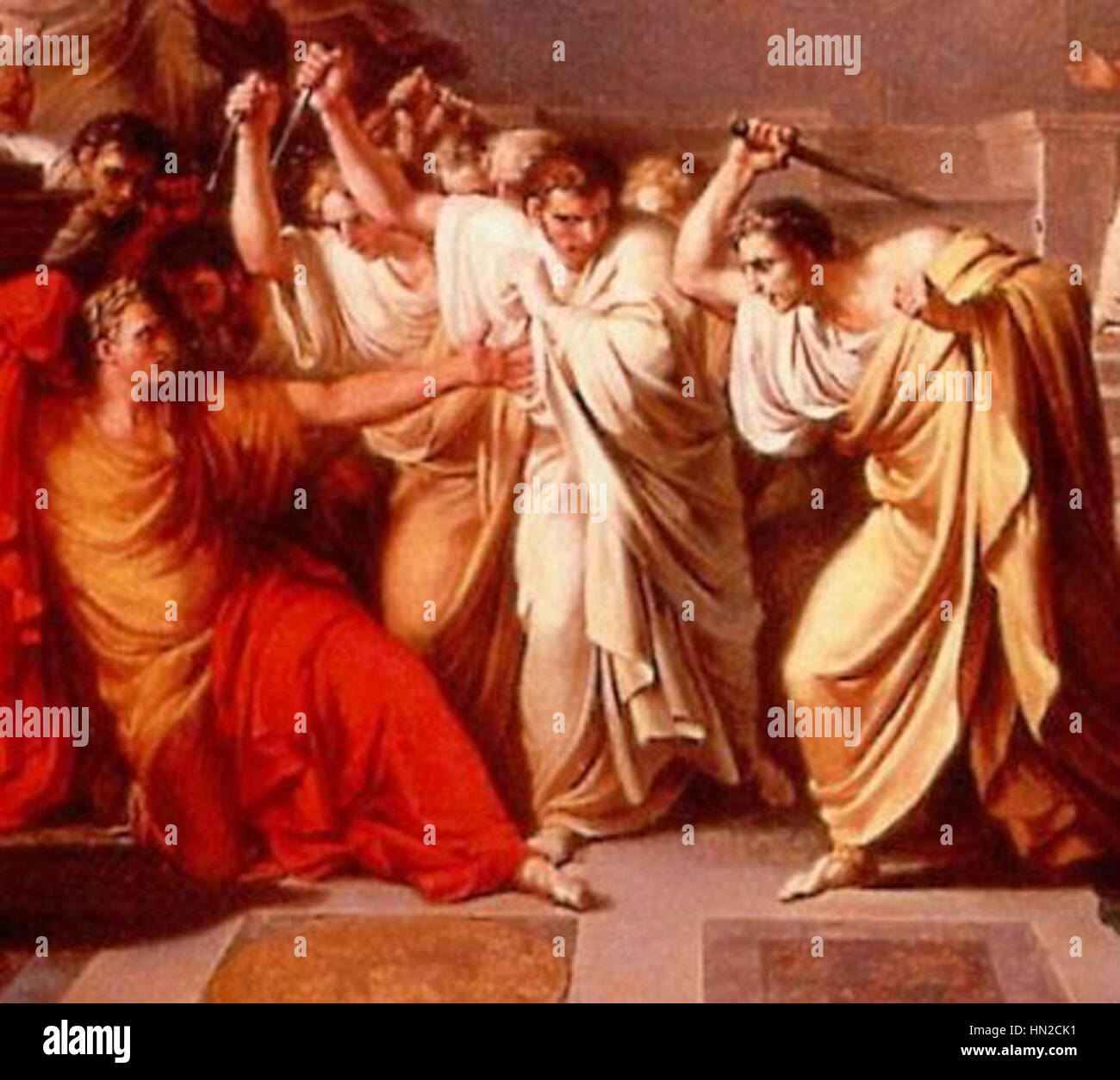 „Morte di Giulio Cesare“ (der Tod von Julius Cäsar) zeigt den dramatischen Moment der Ermordung Cäsars im Senat. Das Gemälde betont den gewaltsamen Verrat und die historische Bedeutung des Ereignisses und stellt die letzten Momente des römischen Führers dar. Stockfoto