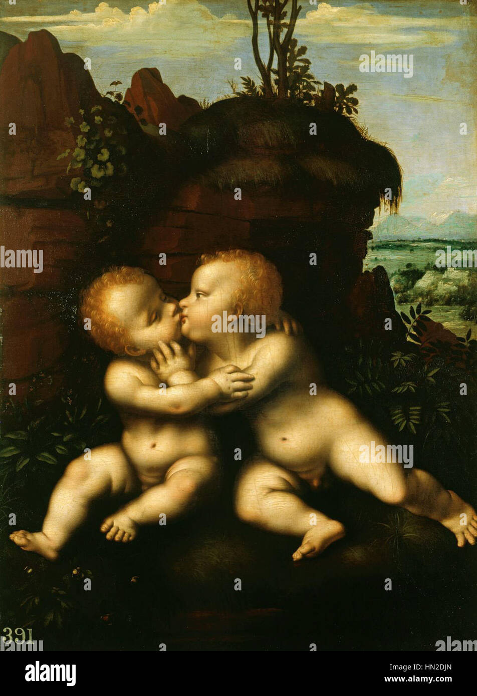Marco d'Oggiono - der Säugling Christus und Saint John Kissing Stockfoto