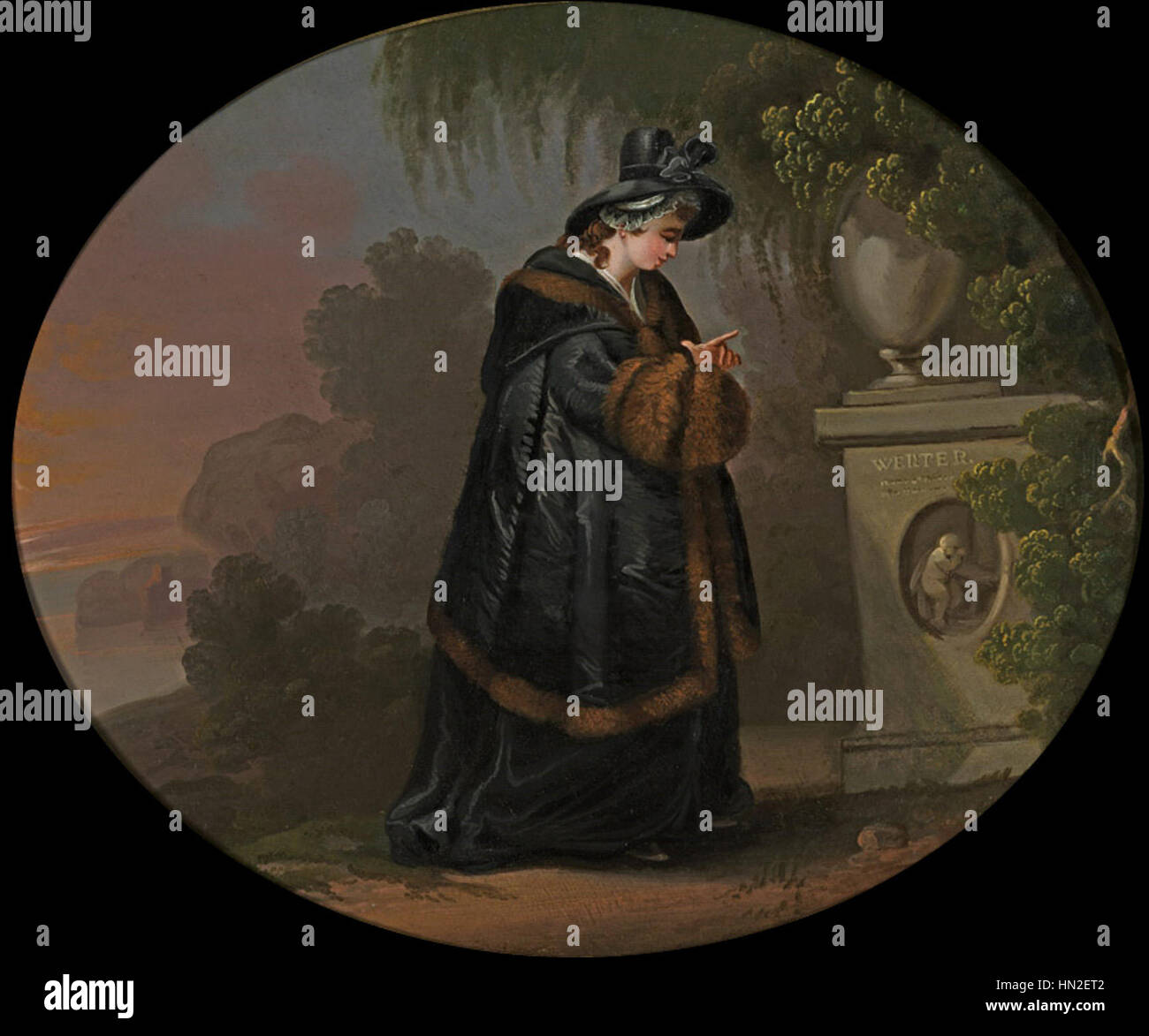 Lotte an Werthers Grabmal zeigt eine Szene aus dem deutschen literarischen Werk „die Schmerzen des jungen Werthers“ von Johann Wolfgang von Goethe. Das Bild stellt Lotte an Werthers Grab dar und fängt die emotionale Tiefe und tragische Natur ihrer Liebesgeschichte in einer düsteren, romantischen Szene ein. Stockfoto