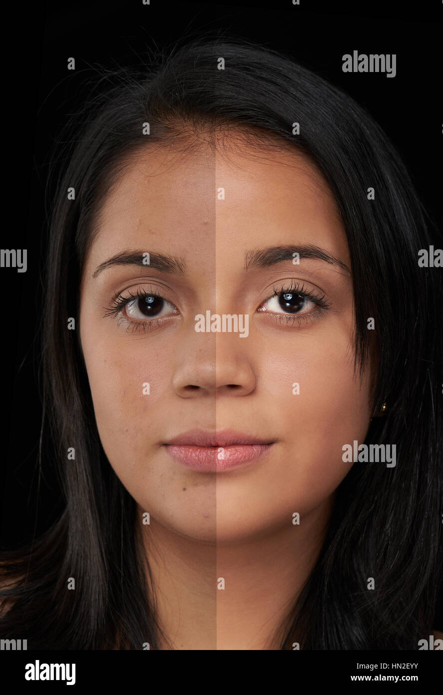 halb retuschierte Haut der Frau Gesicht isoliert auf schwarz Stockfoto