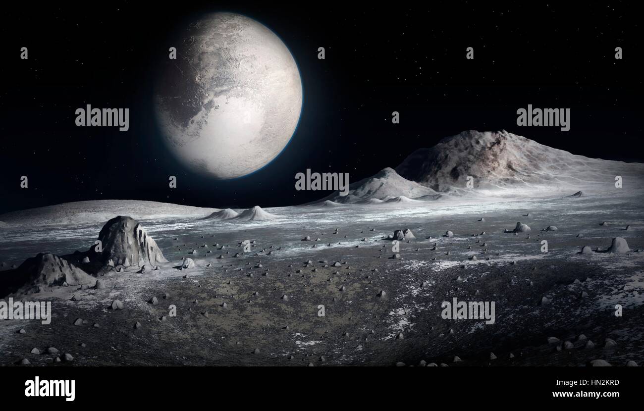 Ein Blick auf Pluto gesehen von der Oberfläche von seinem größten Mond Charon. Da Pluto und Charon Gezeiten gesperrt sind, halten sie das gleiche Gesicht zueinander zu allen Zeiten, wie der Mond auf die Erde. Also wenn man auf Charon (oder Pluto) Stand würde die andere Welt Feste in den Himmel - nie einstellen oder steigt, aber immer noch seinen Phasen durchlaufen bleiben. Und wenn man auf der falschen Halbkugel des Pluto (oder Charon) würde man nie die andere Welt sehen. Stockfoto