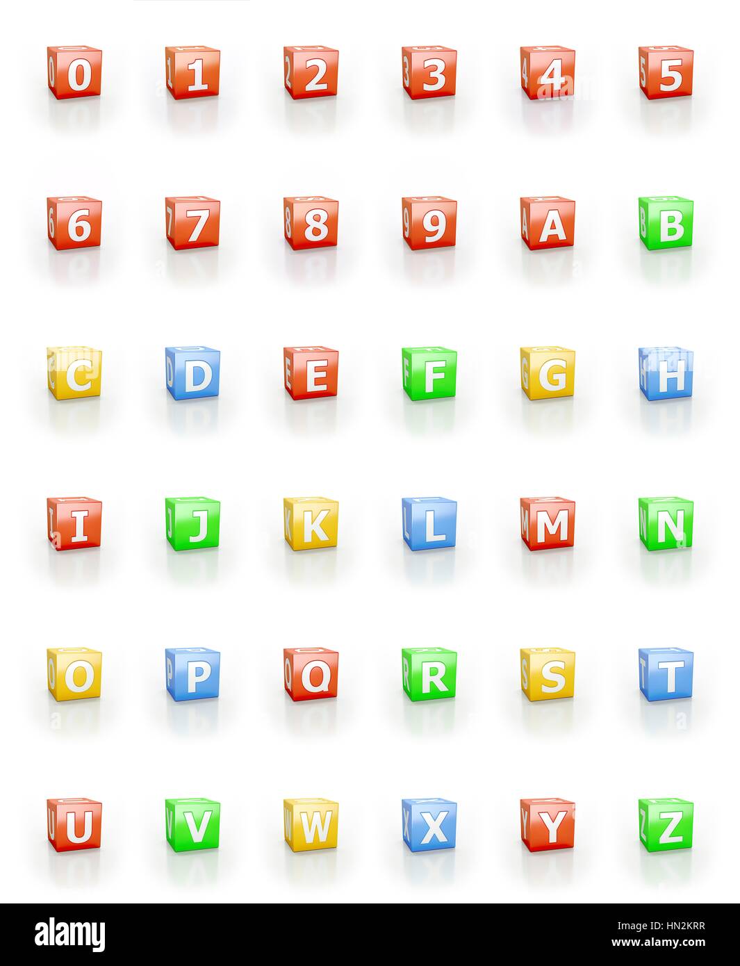 Zahlen 1-0, Buchstaben A - Z auf kubischen Blöcken. Stockfoto