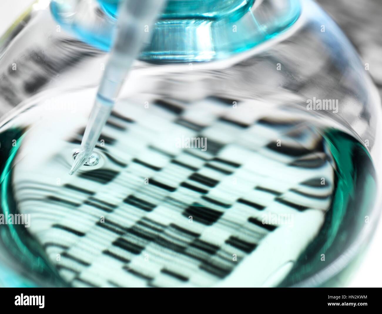 Genetikforschung. Pipette und Kanne vor einer DNA (Desoxyribonukleinsäure) Autoradiogram. Stockfoto