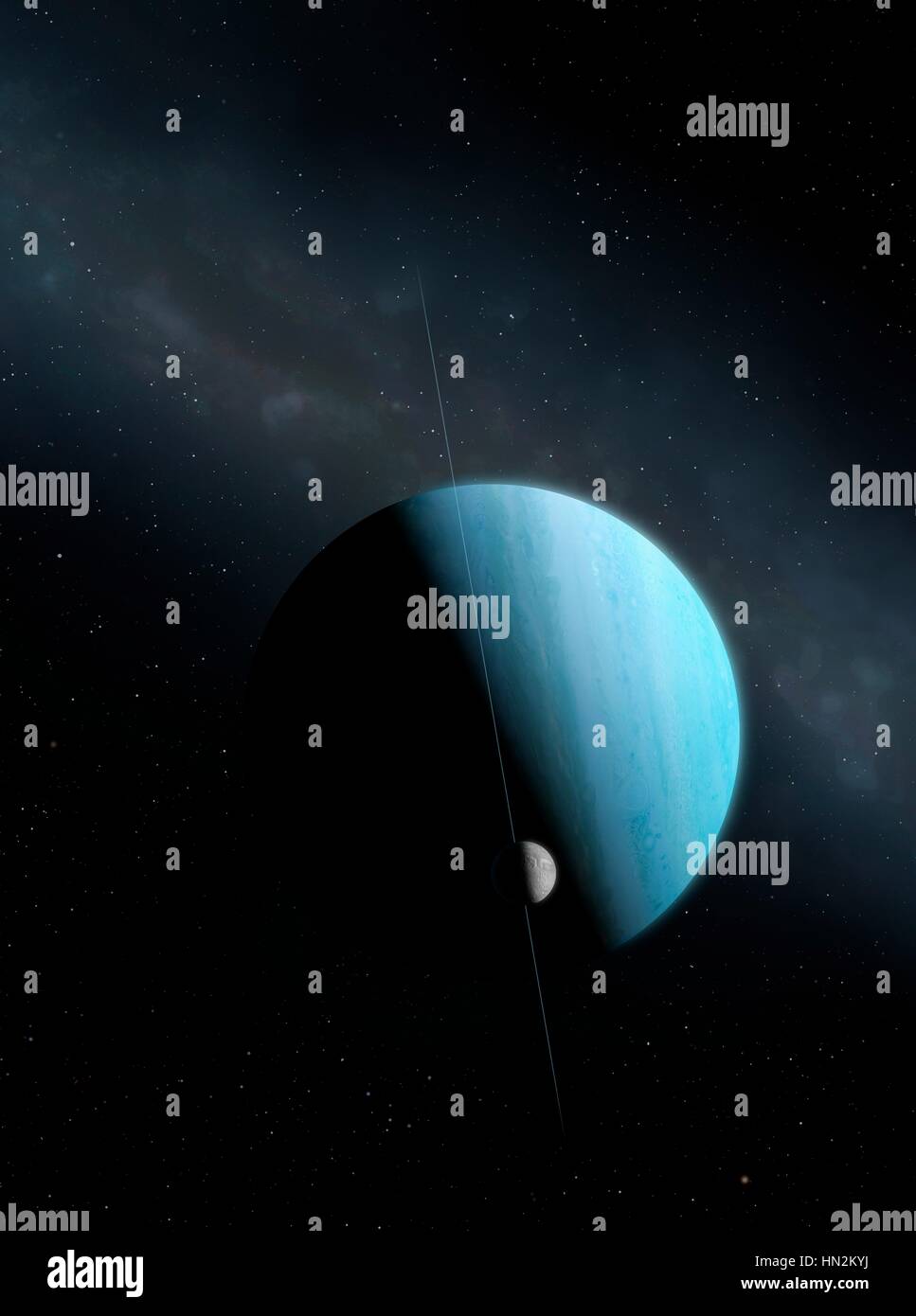 Einen Eindruck von den grünen Eis riesigen Planeten, Uranus und seinem Innersten erhebliche Mond, den gebrochenen Miranda. Uranus ist der siebte Planet in der Reihenfolge ihrer Entfernung von der Sonne umkreist in einer mittleren Entfernung von 2,85 Milliarden km. Es ist ungewöhnlich, dass es eine sehr blasse, fast strukturlose Atmosphäre und eine axiale Neigung in der Nähe von 100 Grad hat. Mirandas ungerade Oberfläche einschließlich der höchsten Klippe im bekannten Sonnensystem legt nahe, dass die Welt bei einer Kollision auseinander gebrochen war und später wieder zusammengesetzt. Stockfoto