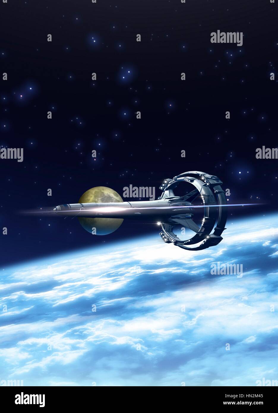 Raumschiff über Wolken, Abbildung. Stockfoto Raumschiff über Wolken, Abbildung. Stockfoto