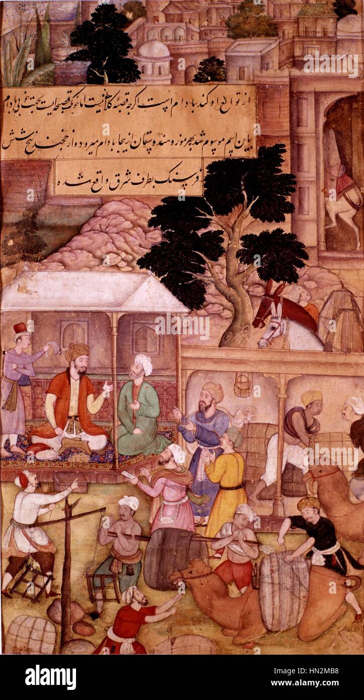 Persische Miniatur. Babur treffen Bedi persischen Schule Ende des 16. Jahrhunderts - Anfang des 17. Jahrhunderts Paris, Musée Guimet Stockfoto