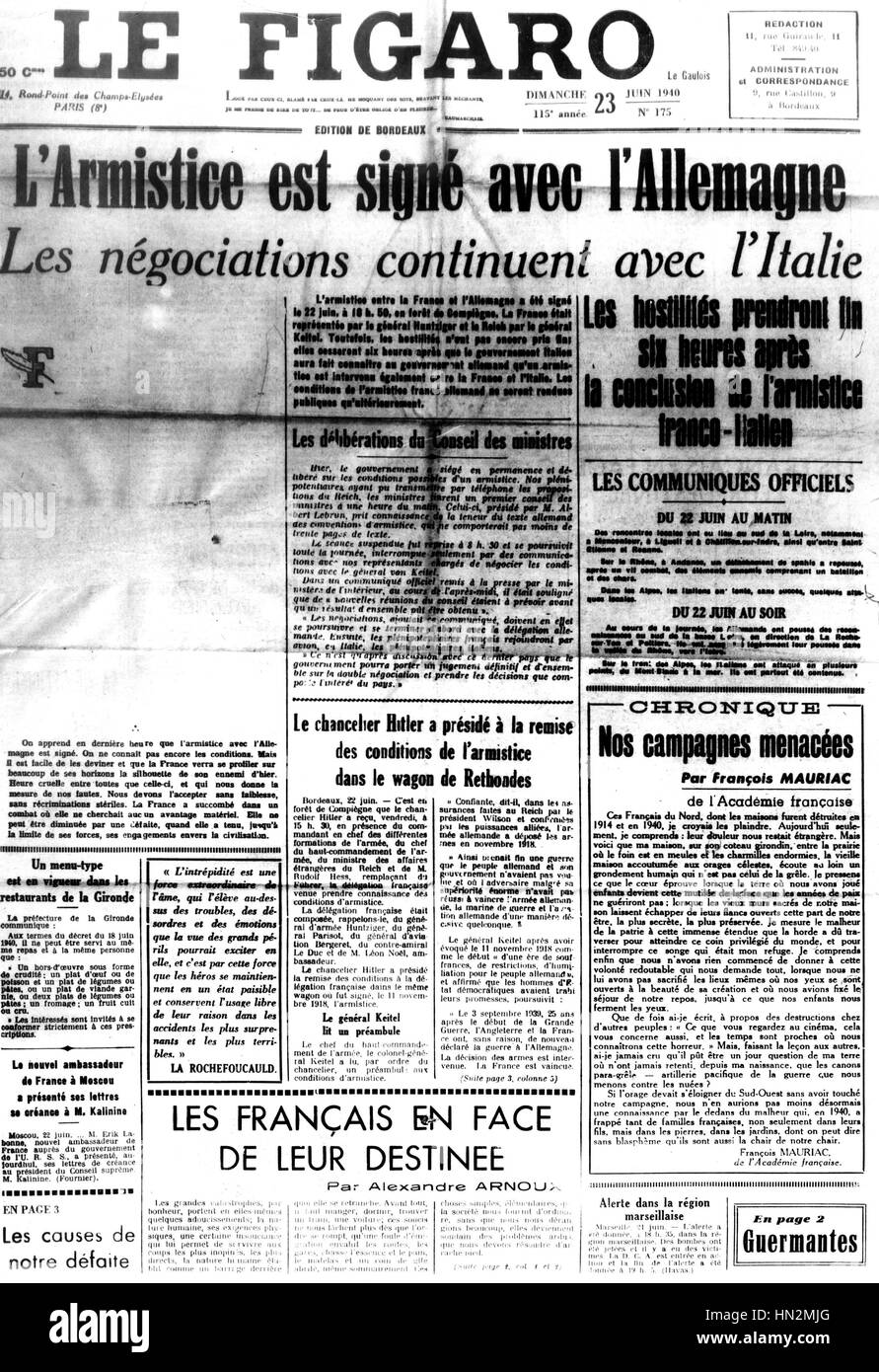 1. Seite einer Ausgabe der Zeitschrift "Le Figaro", kündigt den Waffenstillstand 23. Juni 1940 Frankreich - 2. Weltkrieg Stockfoto