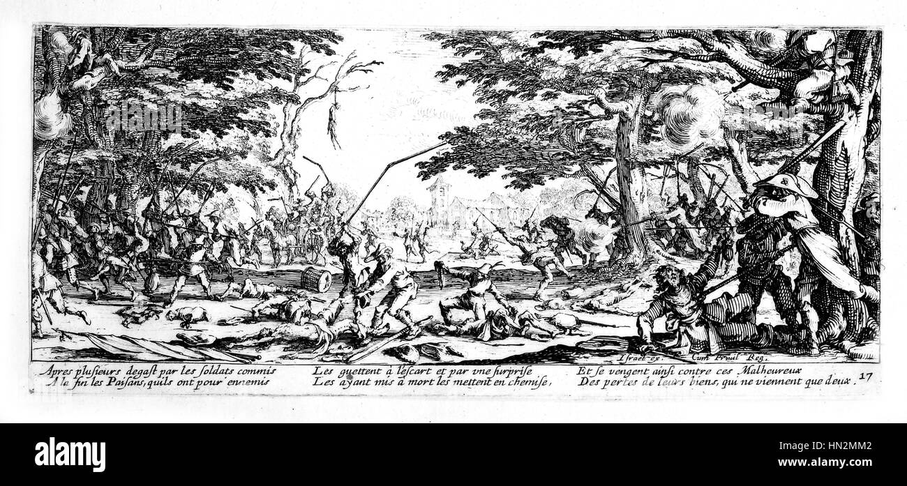Kupferstich von Jacques Callot. "Les Grandes Miseres De La Guerre" (The Elend und Unglück des Krieges). Tafel 17: La Revanche des Paysans (die Bauern wehren) veröffentlicht Radierung in 1633 Platte am Musée Lorrain in Nancy (Frankreich) Stockfoto