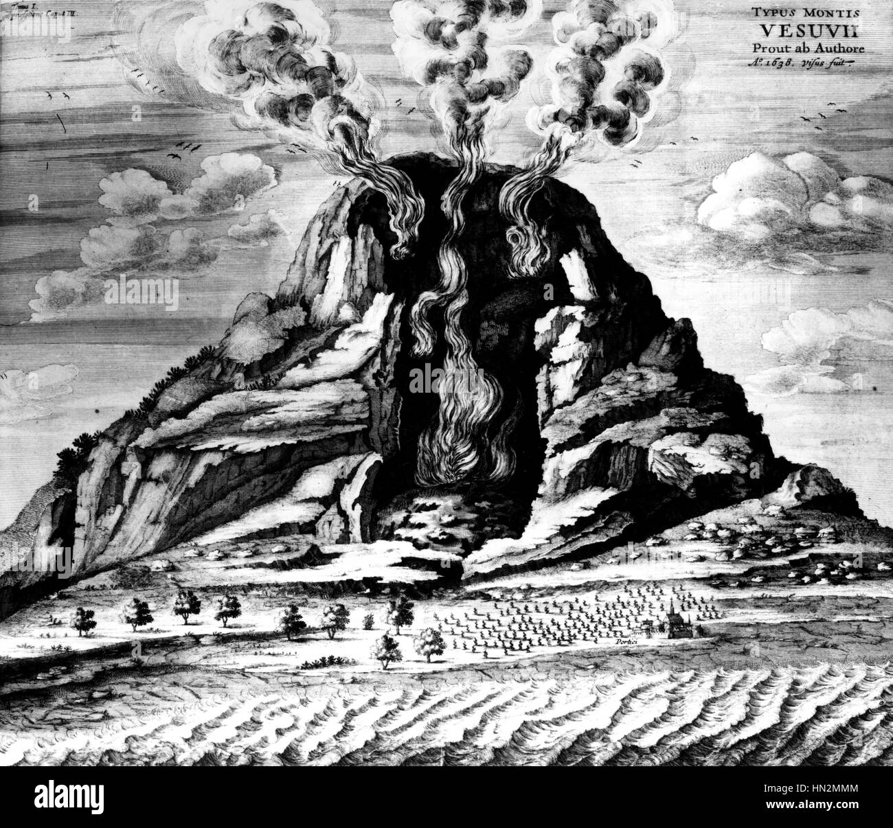 A. Kircher. "Mundus Suntarreaneus". Blick auf Mount Vesuvius des 16. Jahrhunderts Astronomie Paris. Nationalbibliothek Stockfoto