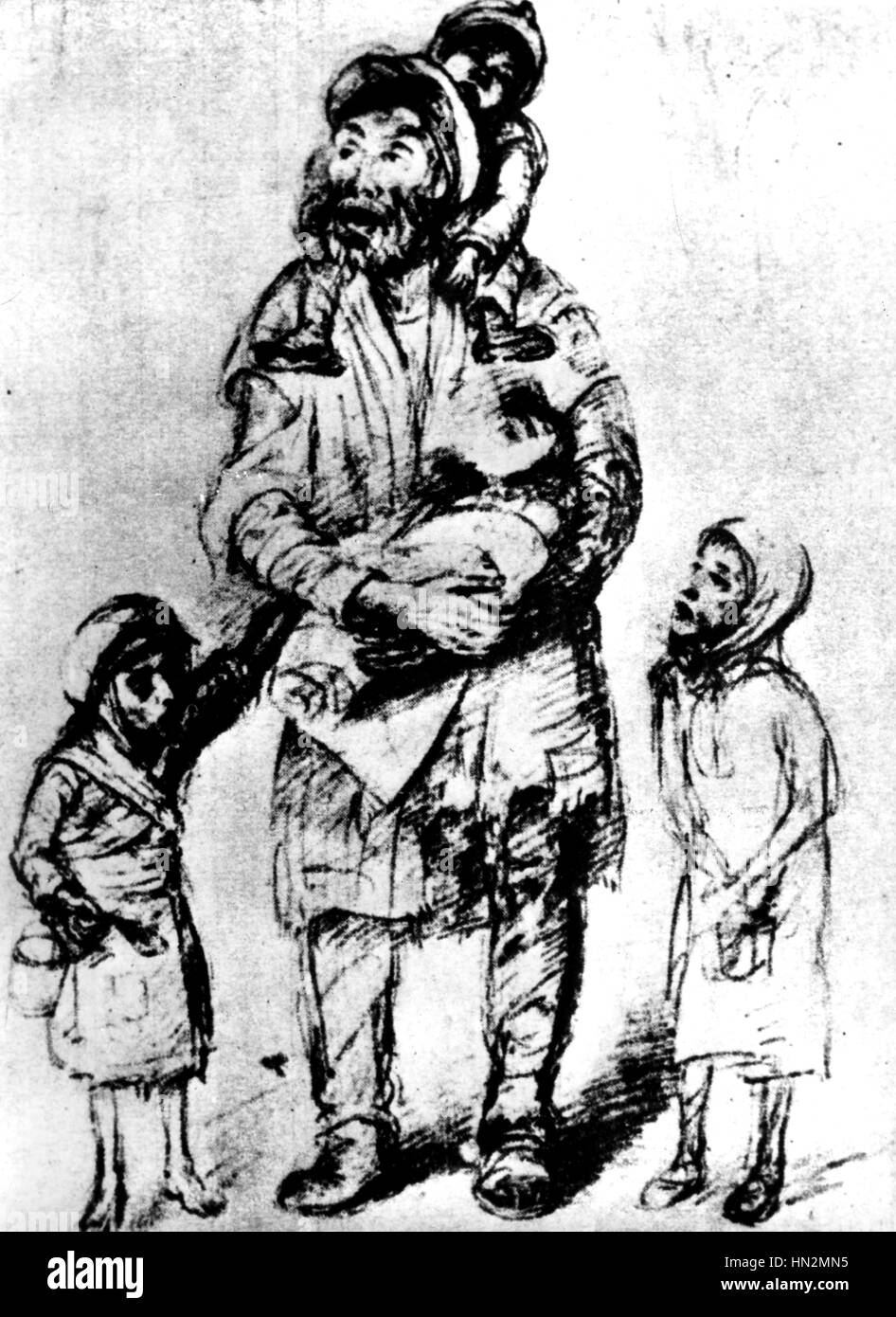 Ghetto in Warschau. Zeichnung von Roman Kramsztyk (lebte im Warschauer Ghetto). Mann und Kinder 1940-1943 Polen - Weltkrieg Paris, CDJC Stockfoto