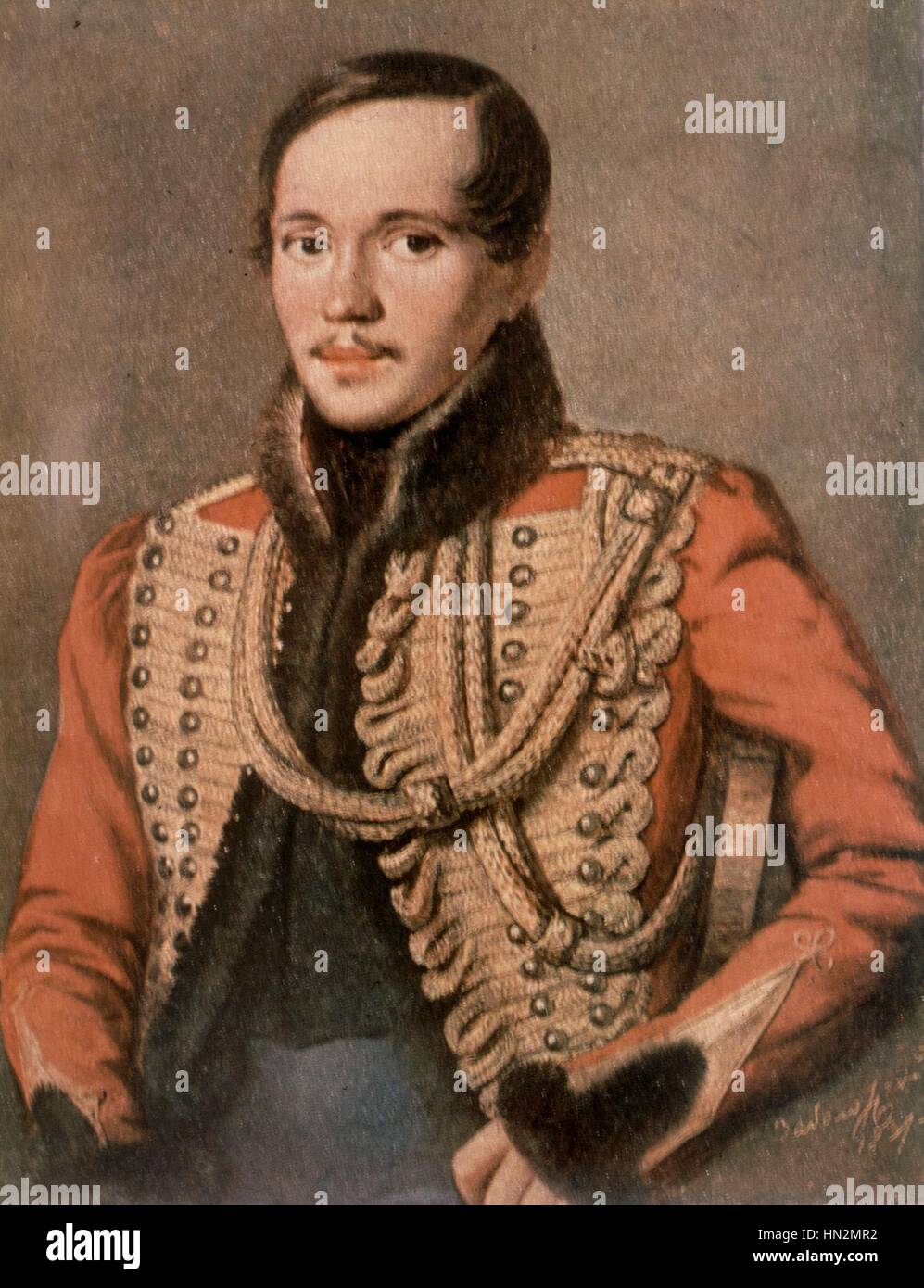 Porträt von Lermontow, russischer Dichter (1814-1841) 19. Jahrhundert Russland Privatsammlung Stockfoto