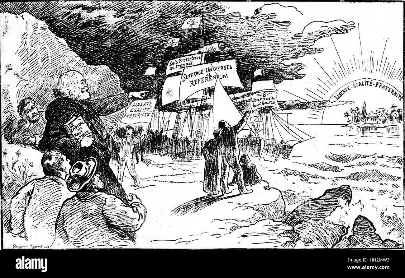 Das gelobte Land sozialistischen Allegorie über Marx. Marx mit dem Proletariat Exodus in Richtung einer besseren Welt. 19. Jahrhundert Frankreich Stockfoto