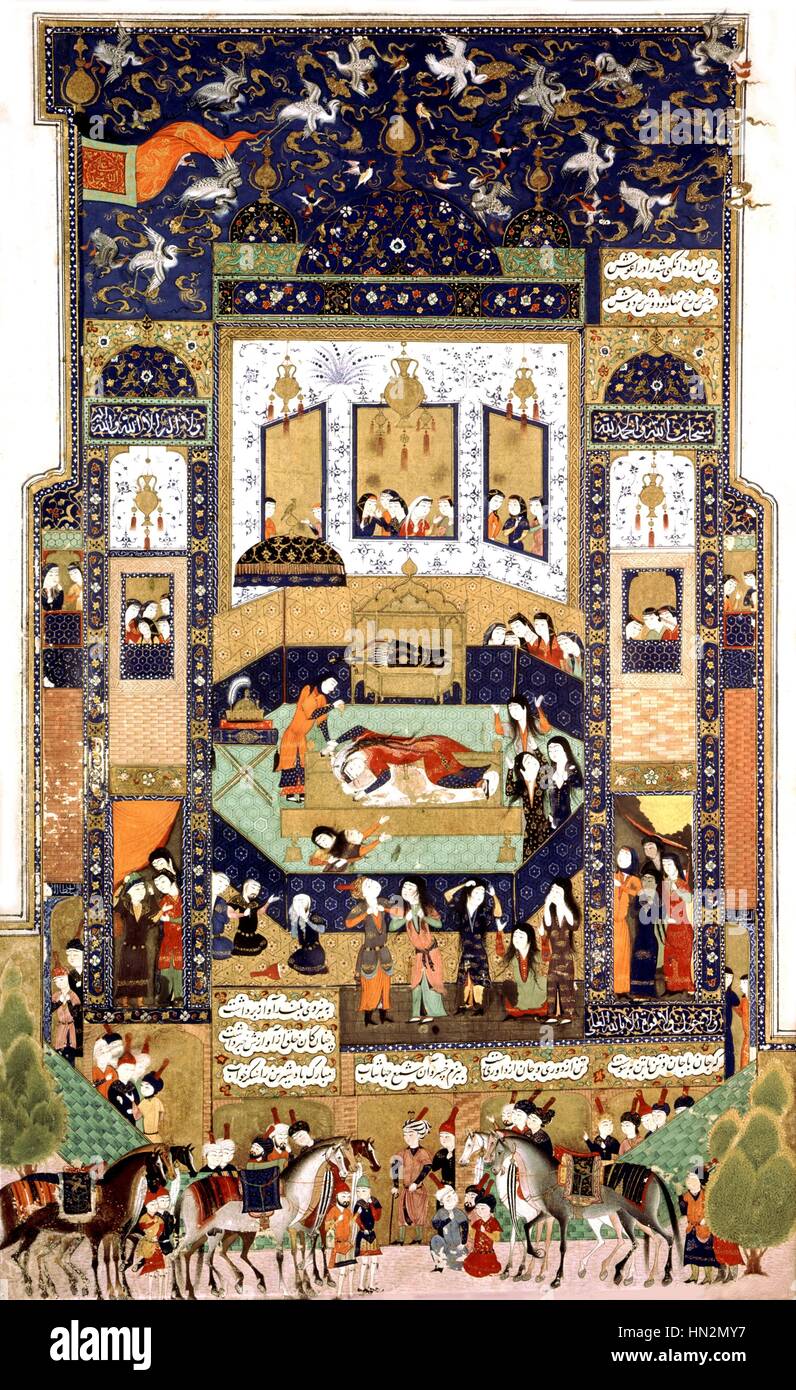 Persische Handschrift Tod einer Prinzessin unter ihren Hofdamen 15. Jahrhundert Persien Stockfoto