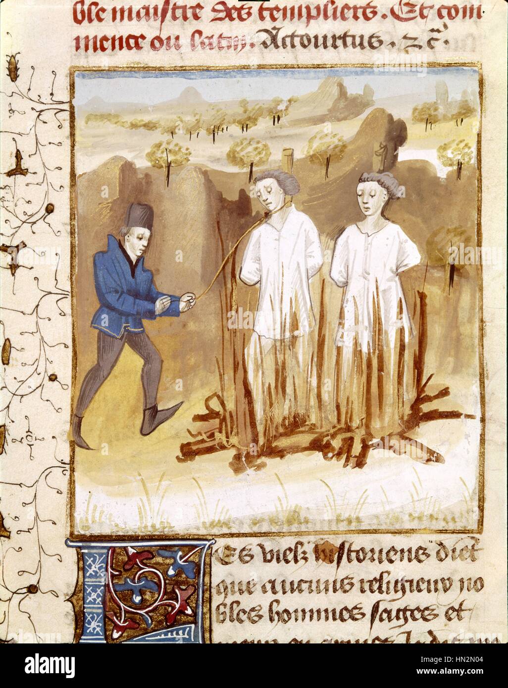 Miniatur. Folter von Großmeister des Tempels und die Templer, sortiert nach Guillaume de Nogaret unter der Herrschaft von Philip die Messe (1285-1314). Folter von Jacques de Molay und Geoffroi de Charnay, 18 März 1314 14. Jahrhundert Frankreich Stockfoto