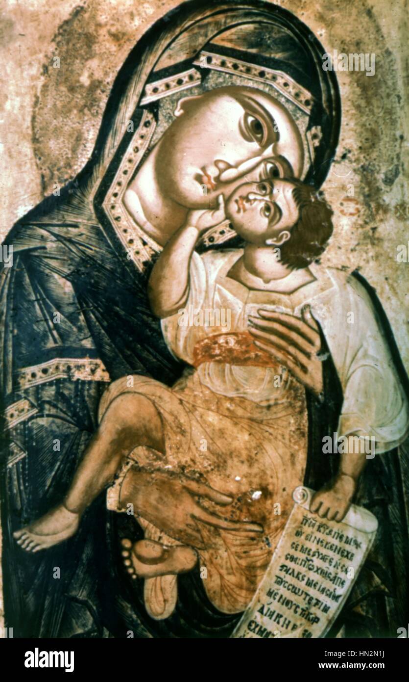 Die Panagia Glykophilousa oder "Süßen Küssen" 16. Jahrhundert byzantinische Kunst Athen, byzantinisches Museum Stockfoto