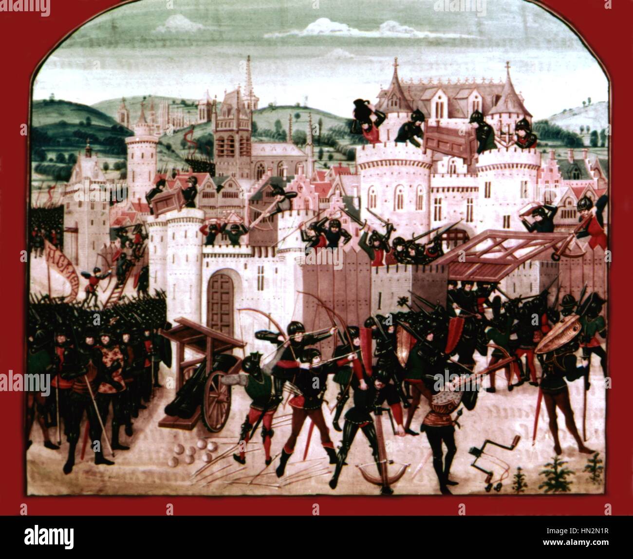 Die Belagerung von Aubenton durch Graf du Hainaut. Krieg zwischen Flandern und dem Königreich Frankreich 14. Jahrhundert flämischen Miniatur Stockfoto
