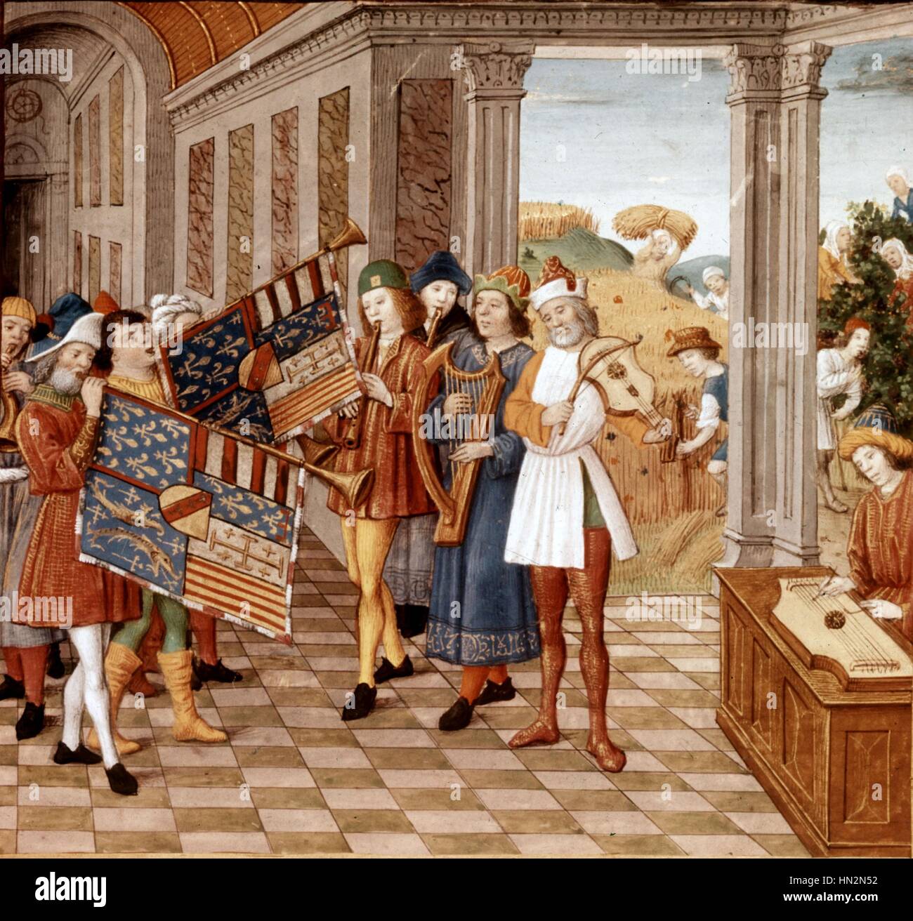Brevier des Herzogs Rene II von Lothringen (1451-1508). Musiker auf einer Terrasse 15. Jahrhundert in Paris. Bibliotheque de l ' Arsenal Stockfoto