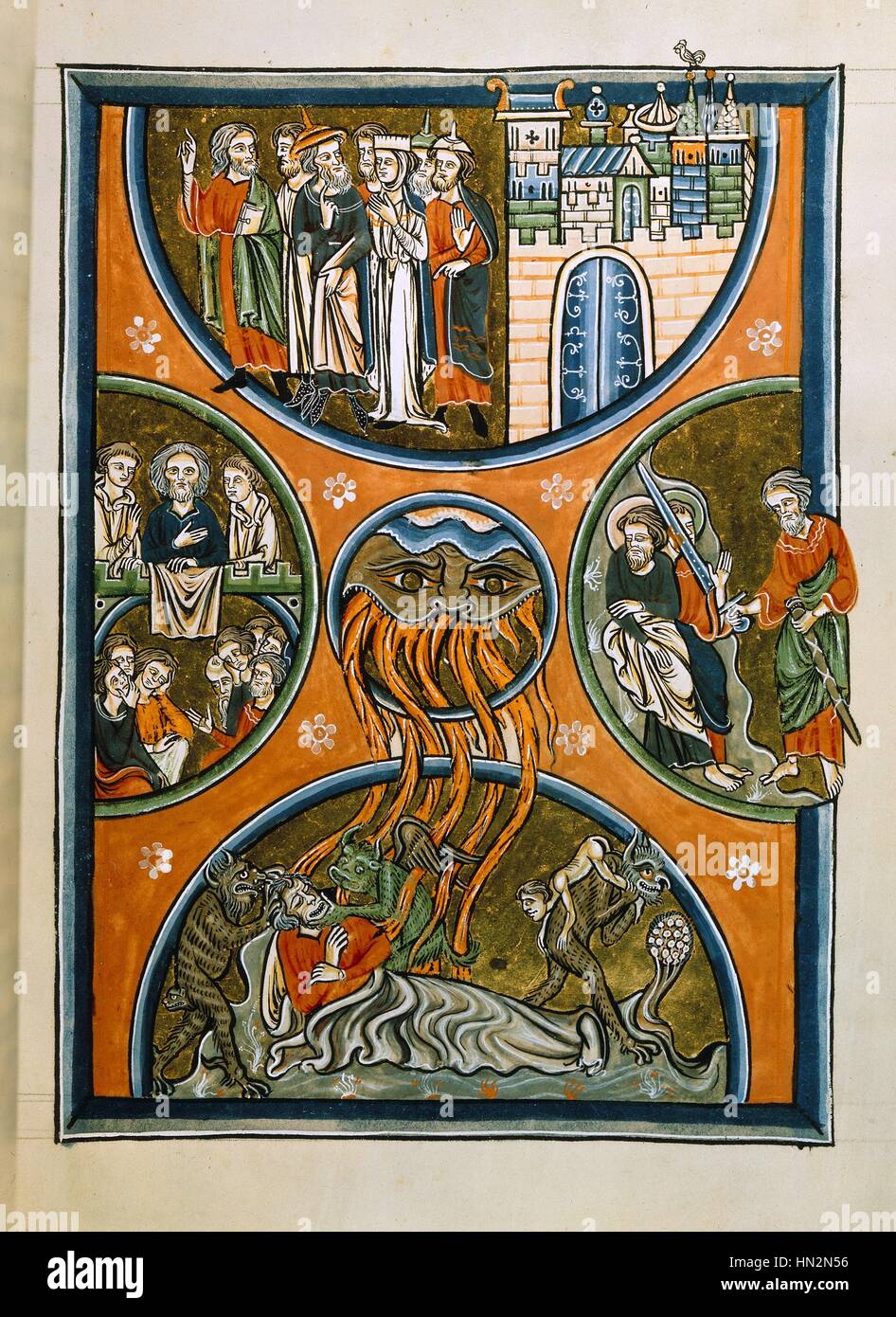 Psalter von St. Louis und Blanche von Kastilien. An der Spitze und auf der rechten Seite: Prädikation von Enoch und Elie. In der Mitte: der Antichrist Frankreich 13. Jahrhundert Stockfoto