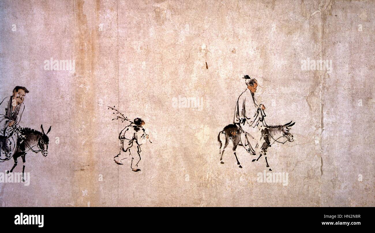 Szene des Bauernlebens. Chou-Chuan Kung. Huarchon "Hakimono" aus dem 16. Jahrhundert China, Privatsammlung Stockfoto