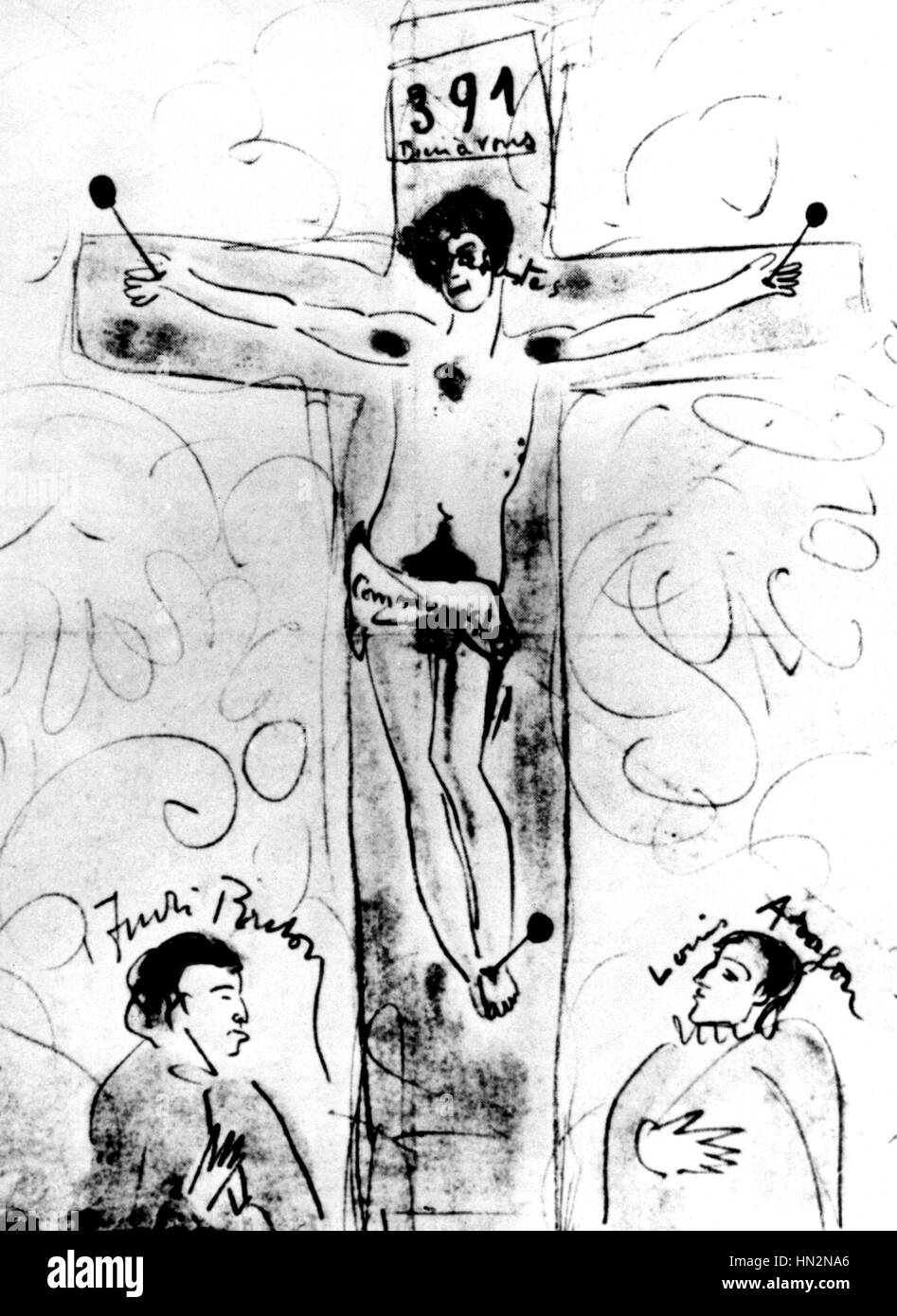 Surrealismus gekreuzigt. André Breton, Louis Aragon und Francis Picabia. (Gegensatz zwischen Surrealismus und Kommunismus) c.1924-1925 Frankreich Stockfoto