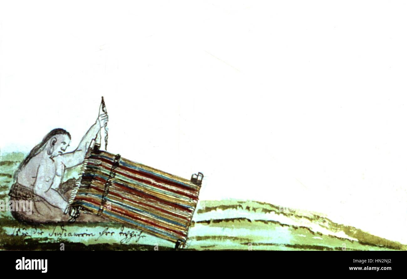 Illustration von Florian Baucke (1749-1767). Zwettler Codex. Leben der Guarani-Indianer, die von einem Jesuitenpater gesehen. Webstuhl der Mocobi-Indianer. Argentinien aus dem 18. Jahrhundert in Österreich. Stifs Zwettl. Bibliothek Stockfoto