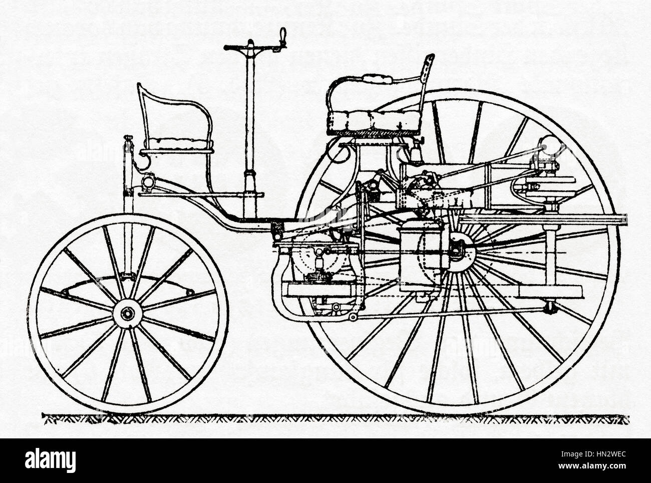 Eine frühe Benz Patent-Motorwagen, das erste Automobil (1885 – 1886).   Aus Meyers Lexikon veröffentlicht 1927. Stockfoto