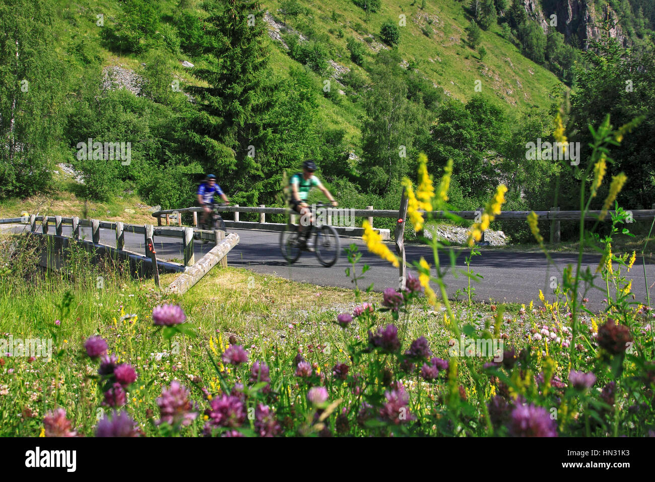 Zwei Mountainbiker Bergbesteigung pass über dem Maurienne-Tal, Savoyen, Französische Alpen, Frankreich Stockfoto