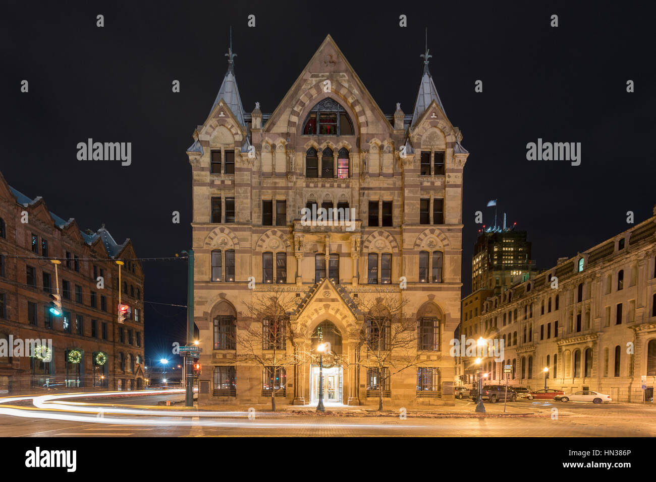 Syrakus Savings Bank Building wurde im Jahre 1876 mit gotischen Stil am Clinton Square in der Innenstadt von Syracuse, New York State, USA gebaut. Jetzt ist dieses Gebäude ein Stockfoto