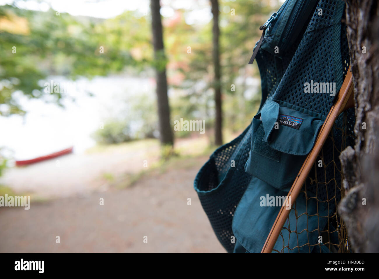 Ein Fliegenfischer Weste und Net hängt an einem Baum entlang eines Flusses In Maine Stockfoto