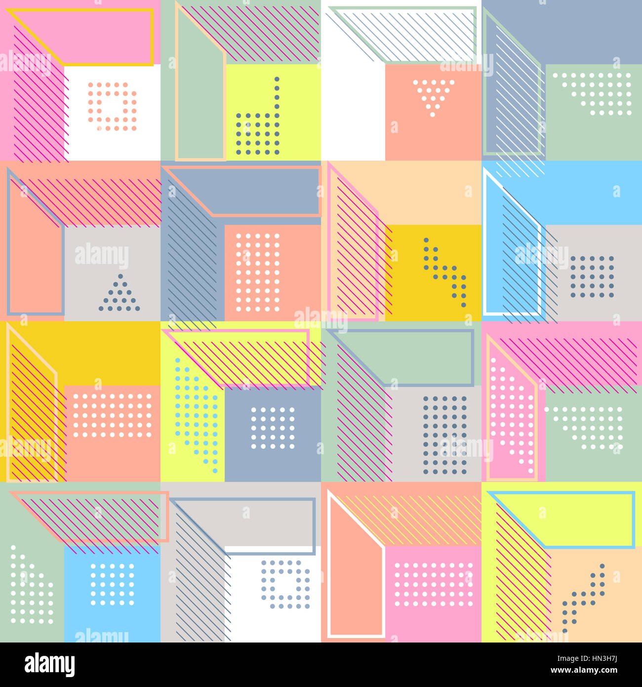 Geometrische abstrakte Musterdesign. Einfaches Motiv Hintergrund. Bunte Dekoration Design. Trendige Memphis-Stil-Abbildung Stockfoto