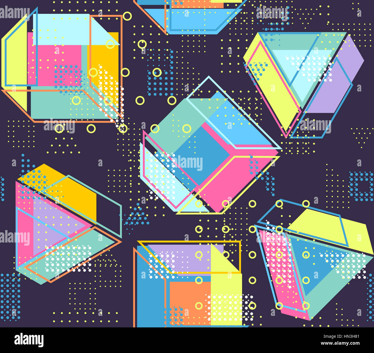 Geometrische abstrakte Musterdesign. Einfaches Motiv Hintergrund. Bunte Dekoration Design. Trendige Memphis-Stil-Abbildung Stockfoto