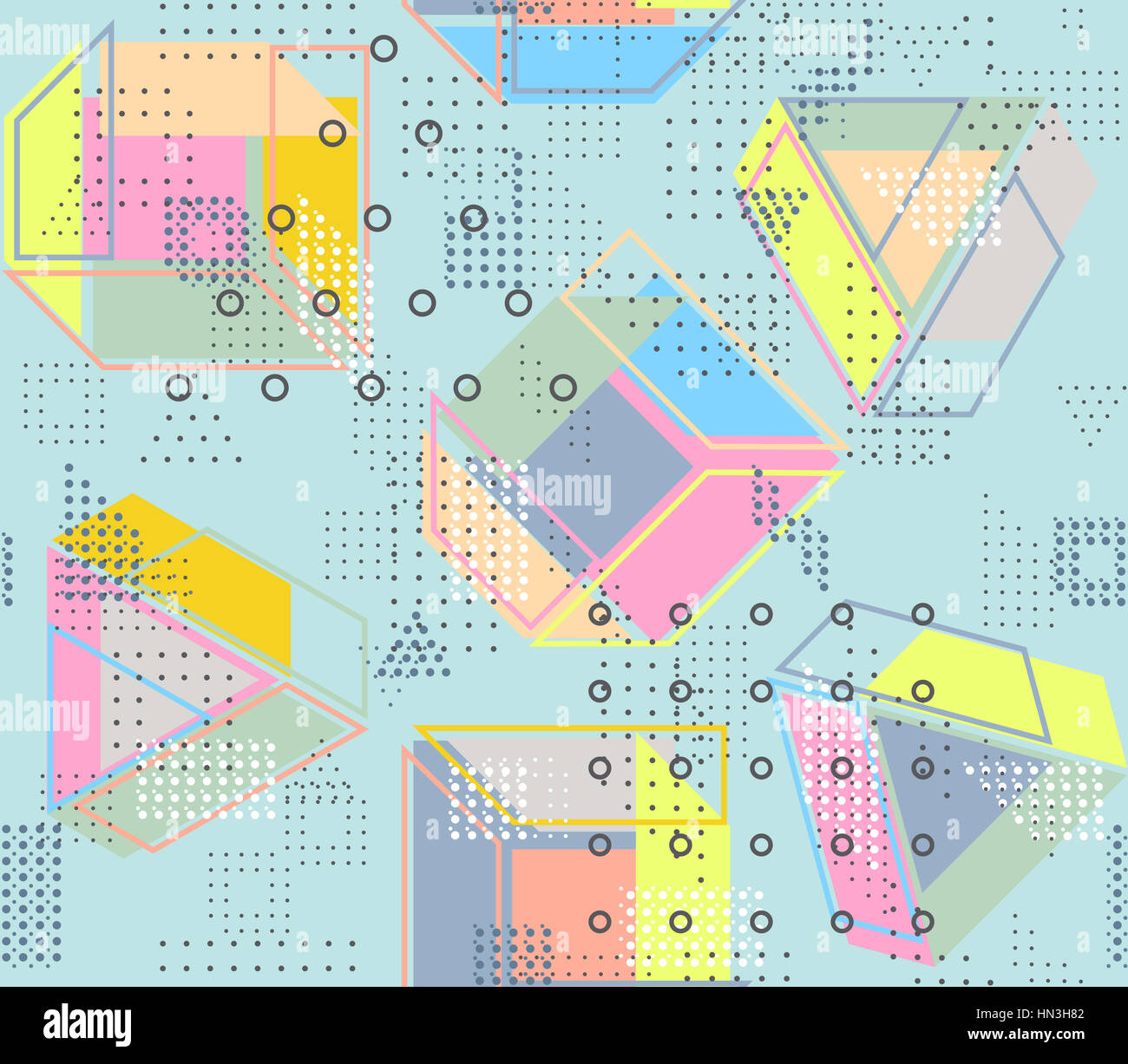 Geometrische abstrakte Musterdesign. Einfaches Motiv Hintergrund. Bunte Dekoration Design. Trendige Memphis-Stil-Abbildung Stockfoto