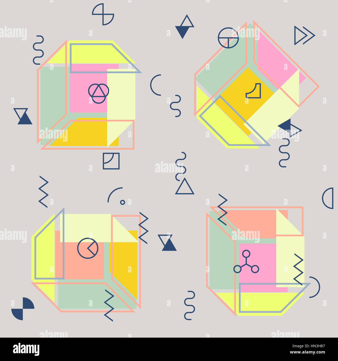 Geometrische abstrakte Musterdesign. Einfaches Motiv Hintergrund. Bunte Dekoration Design. Trendige Memphis-Stil-Abbildung Stockfoto