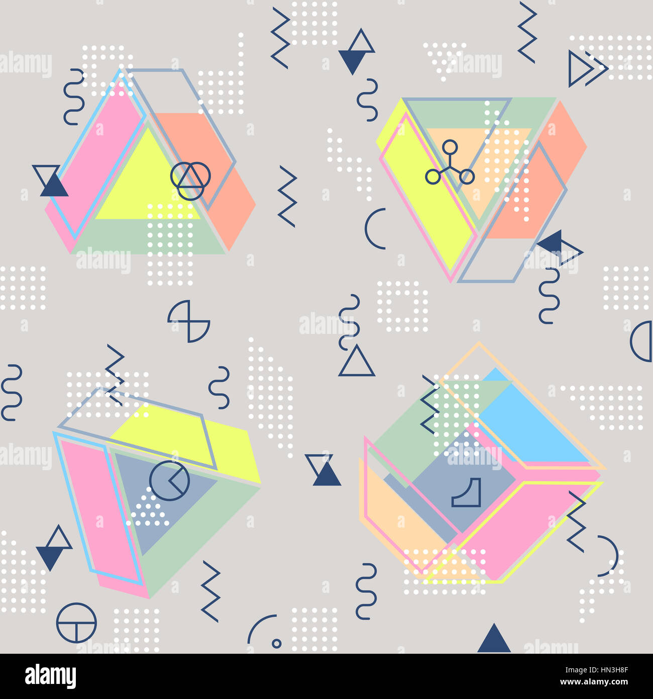 Geometrische abstrakte Musterdesign. Einfaches Motiv Hintergrund. Bunte Dekoration Design. Trendige Memphis-Stil-Abbildung Stockfoto