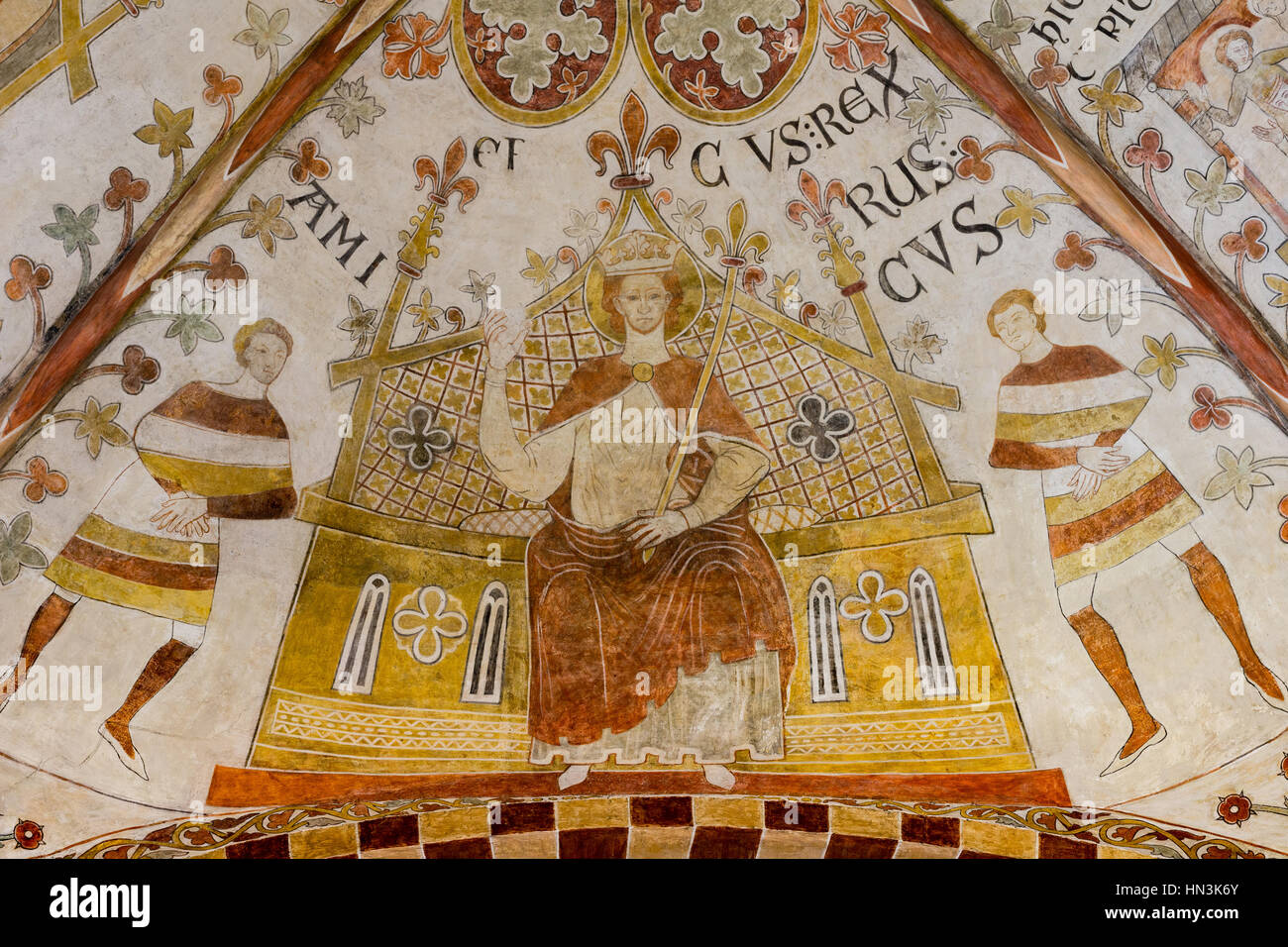 Erik Plovpenning auf seinem Thron, romanische Fresken in der Kirche St. Bendt Ringsted, Dänemark - 20. Februar 2015, Stockfoto