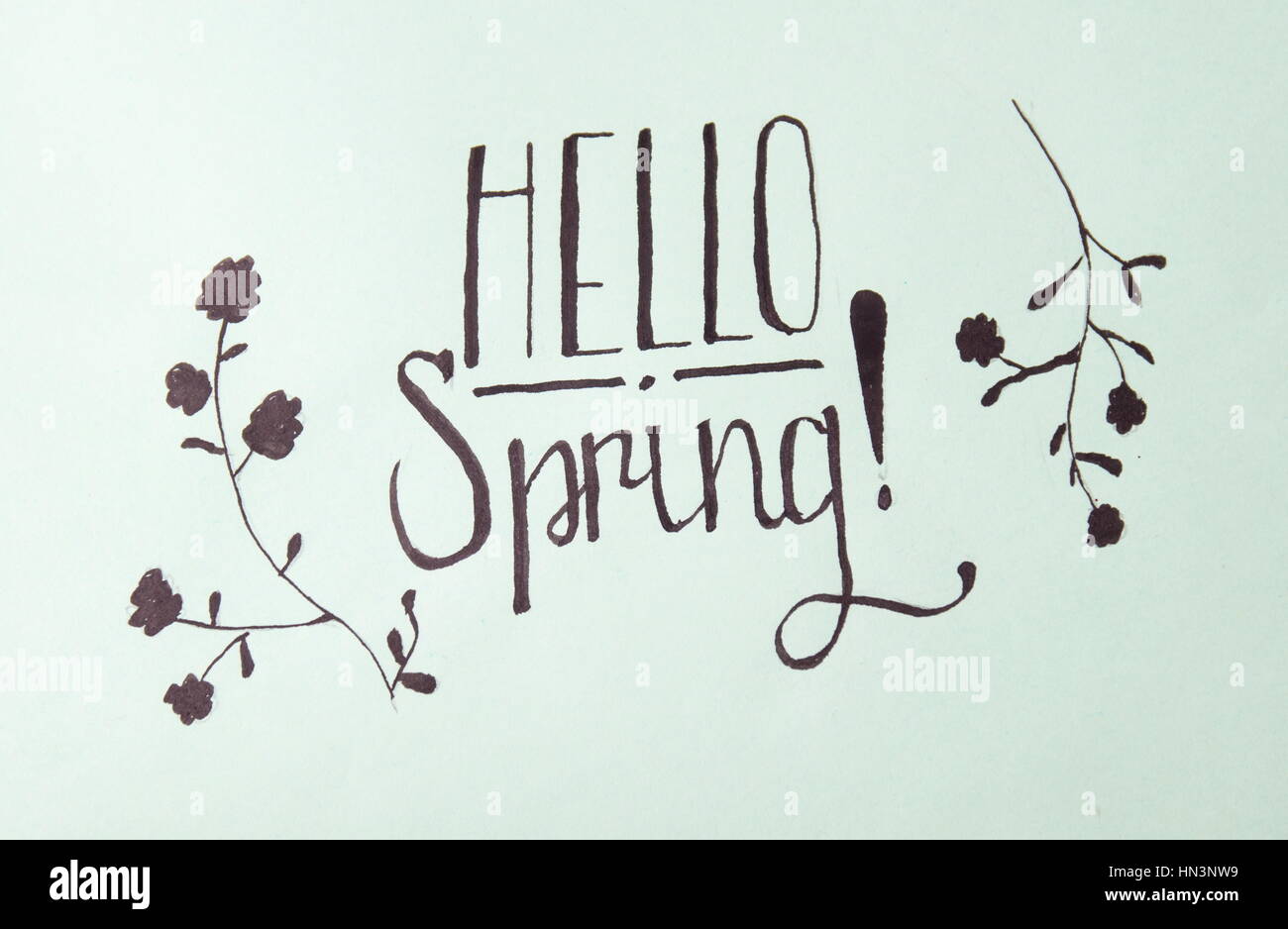 Hallo Frühling handgeschriebene Kalligraphie Hinweis Foto Stockfoto