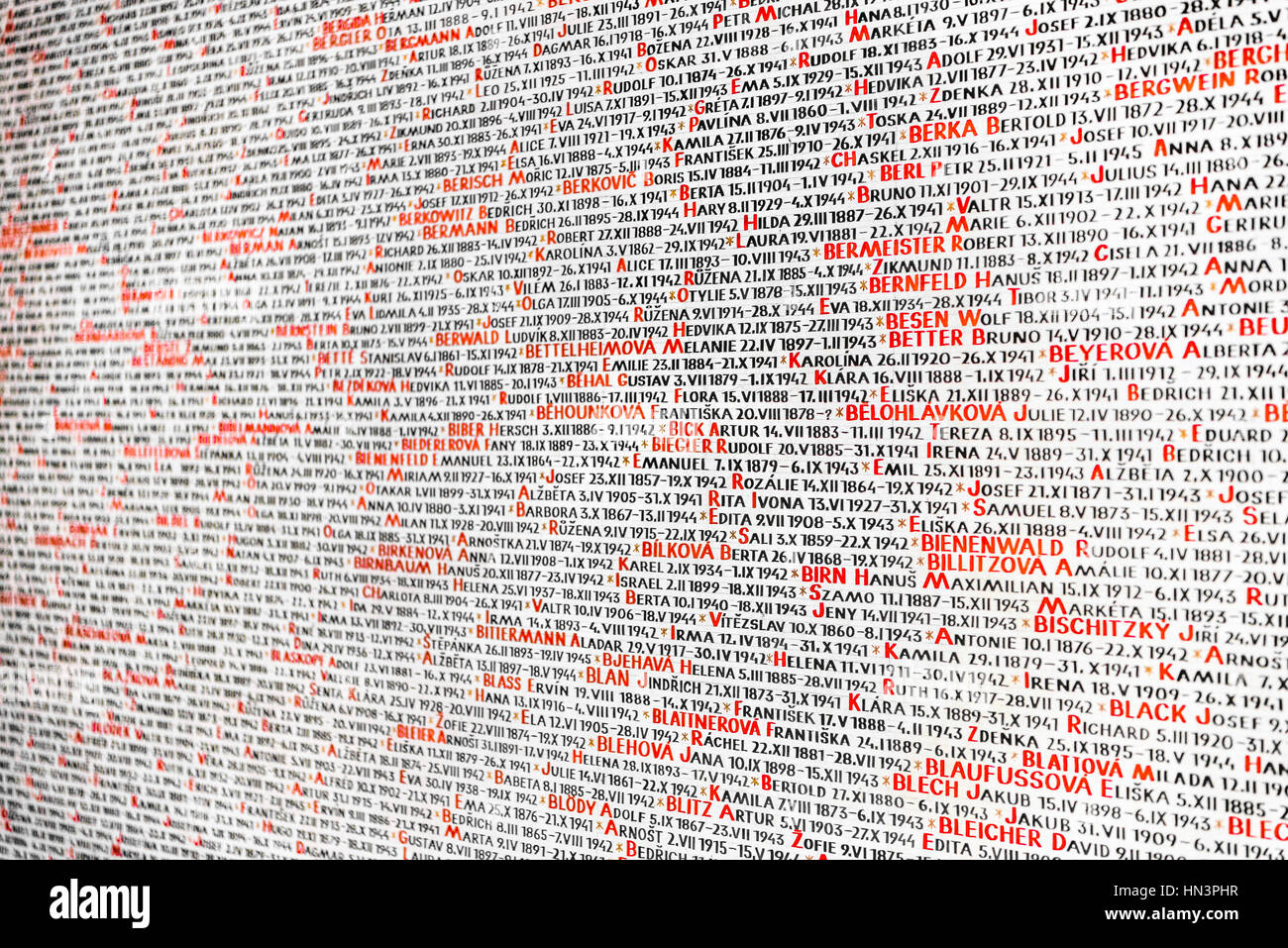 Auszug aus der Liste der jüdischen Namen, Tschechische Juden ermordeten, Denkmal, Pinkas-Synagoge, Josefov, Jüdisches Viertel Stockfoto