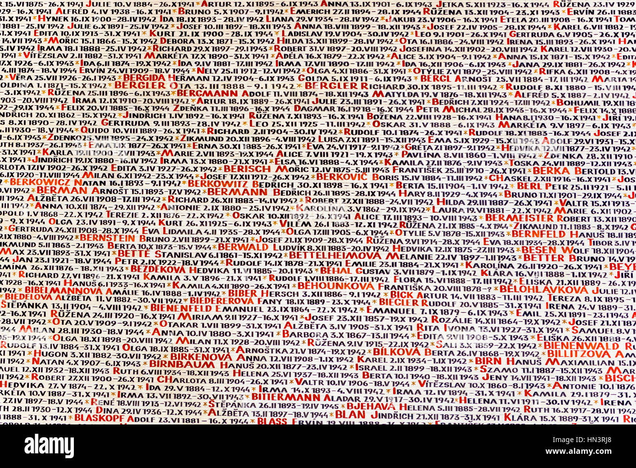 Auszug aus der Liste der jüdischen Namen, Tschechische Juden ermordeten, Denkmal, Pinkas-Synagoge, Josefov, Jüdisches Viertel Stockfoto